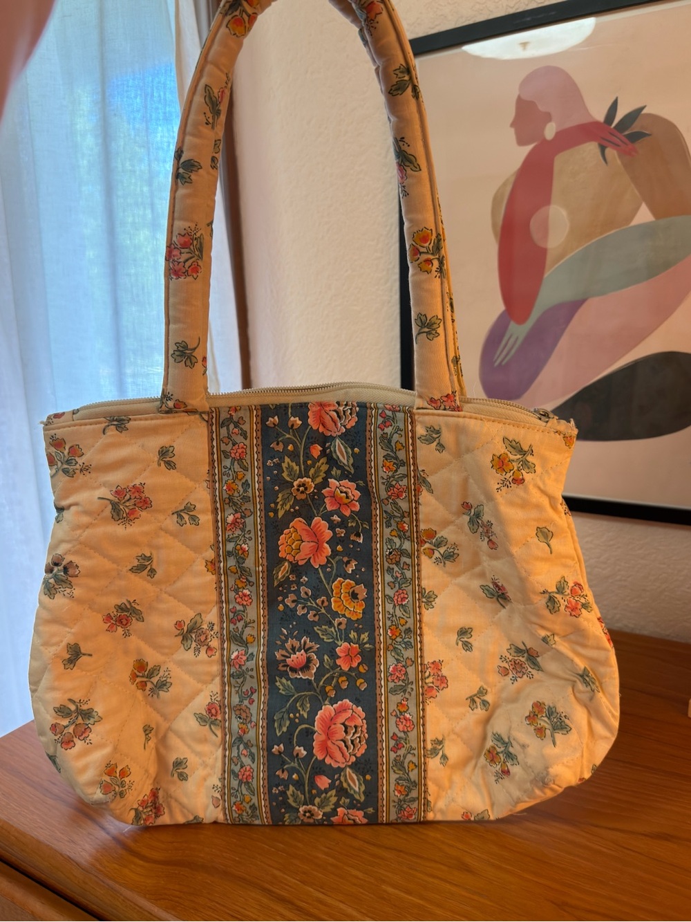 Quilted Vintage Floral Tote Bag in Cream and Blue Y2K